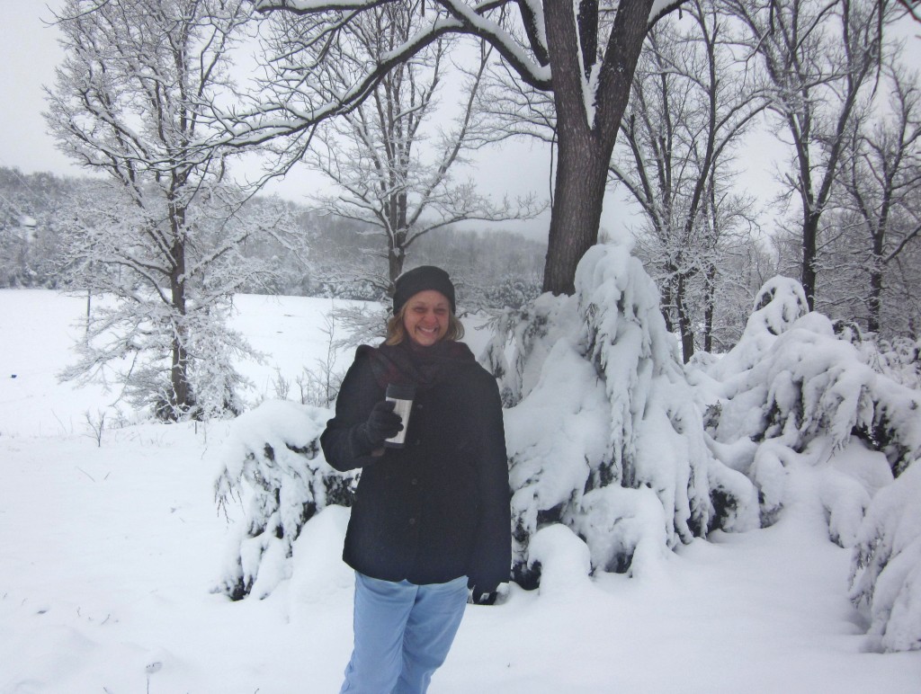 Mother with her Hot Cocoa enjoying the snow! 