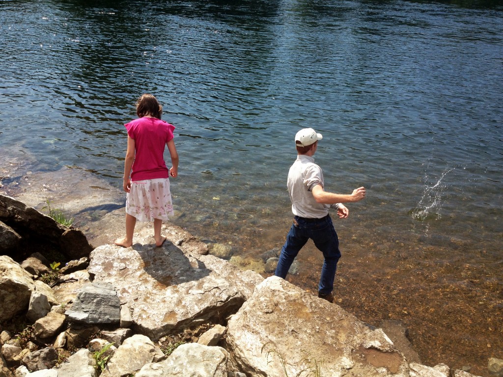 Rosie loves to skip the rocks. Ben joined her. 