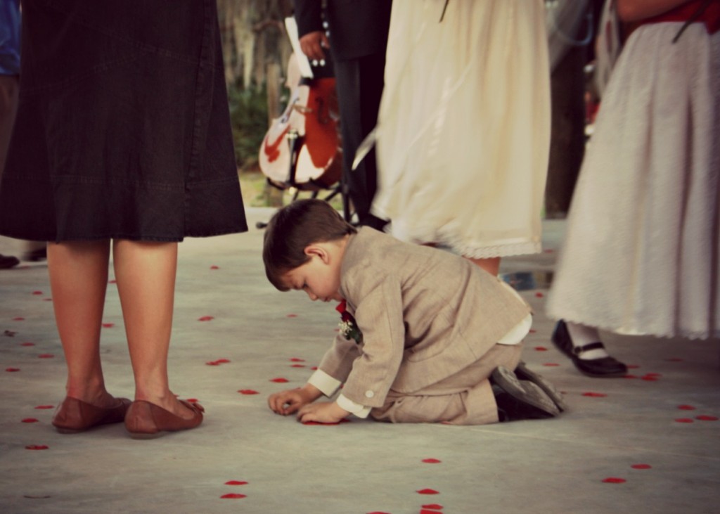 Picking up petals while patiently 